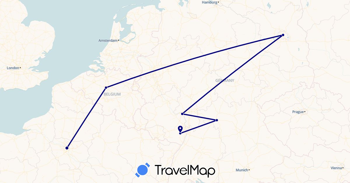 TravelMap itinerary: driving in Belgium, Germany, France, Poland (Europe)