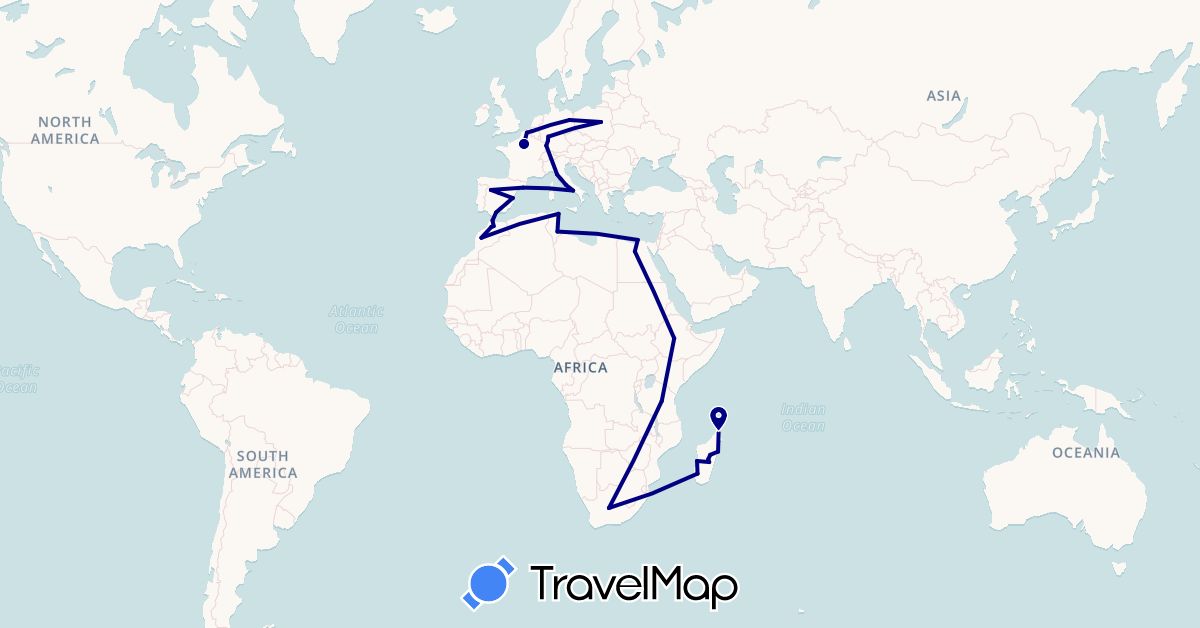 TravelMap itinerary: driving in Belgium, Germany, Egypt, Spain, Ethiopia, France, Italy, Morocco, Madagascar, Poland, Tunisia, Tanzania, South Africa (Africa, Europe)